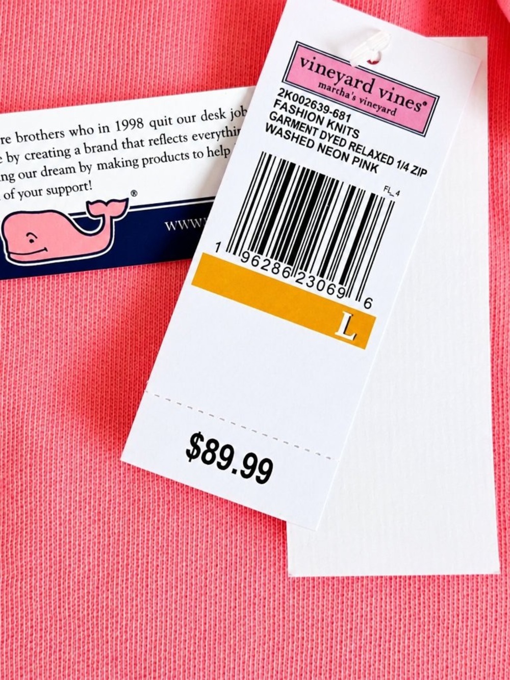 Vineyard Vines Washed Neon Pink 1/4 Zip Pullover - Picture 5 of 6